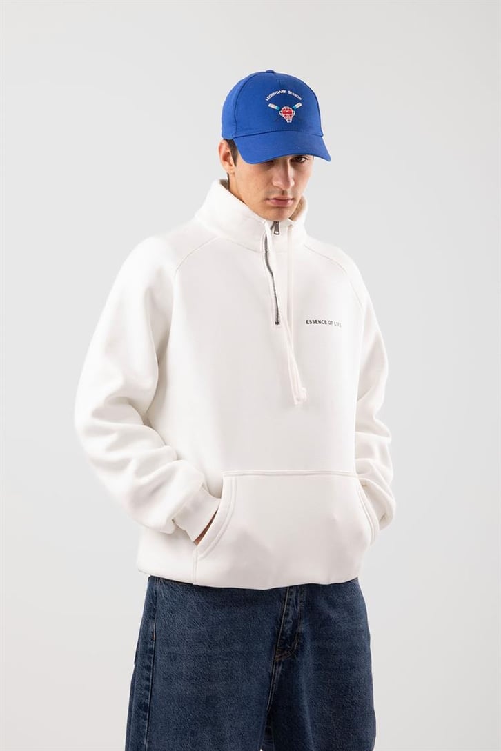 Yarım Zip Yaka Ekru Oversize Sweatshirt