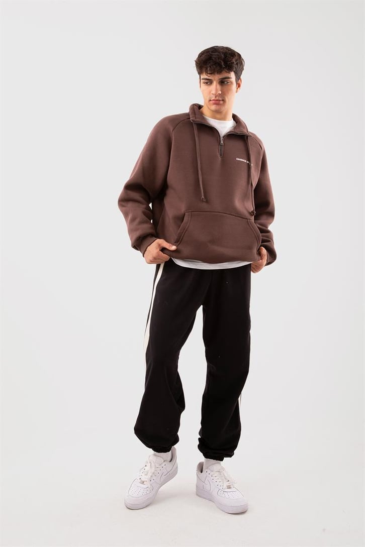 Yarım Zip Yaka Ekru Oversize Sweatshirt