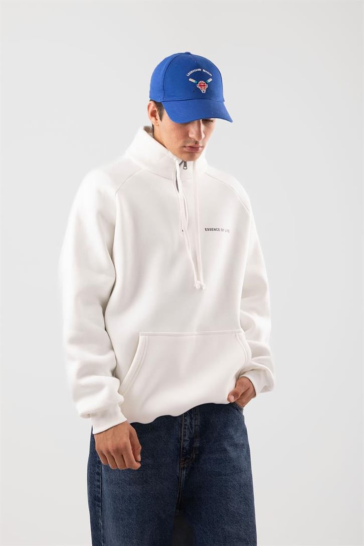 Yarım Zip Yaka Ekru Oversize Sweatshirt