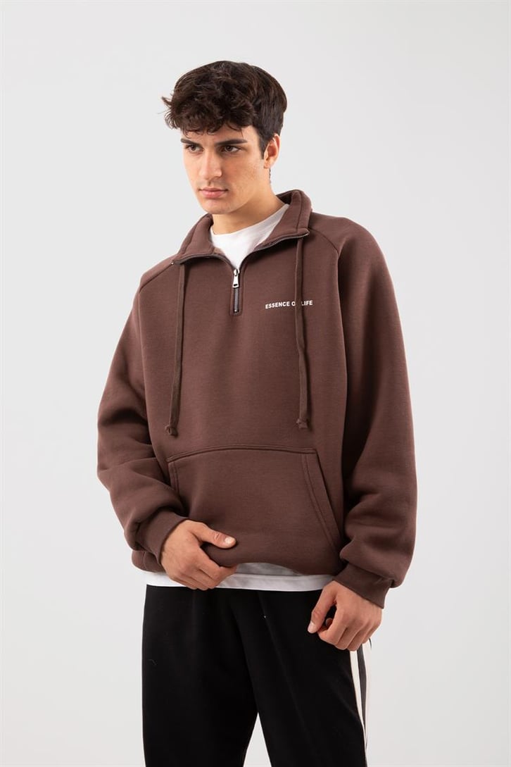Yarım Zip Yaka Ekru Oversize Sweatshirt
