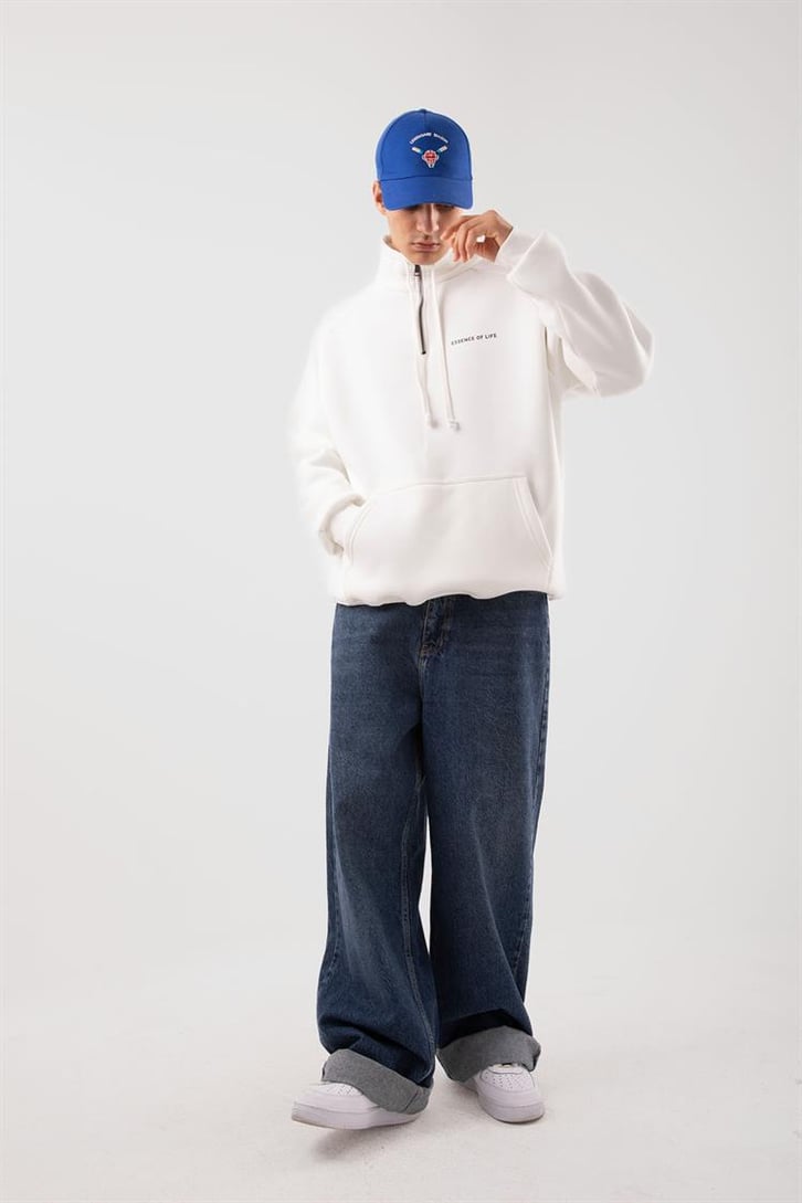 Yarım Zip Yaka Ekru Oversize Sweatshirt
