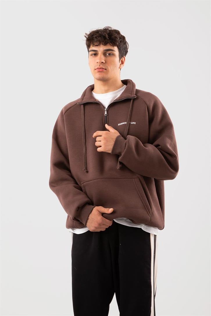 Yarım Zip Yaka Ekru Oversize Sweatshirt