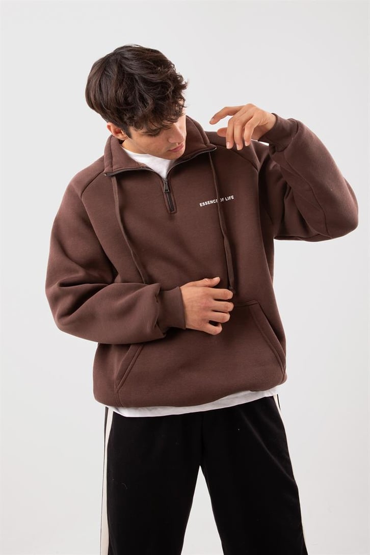 Yarım Zip Yaka Ekru Oversize Sweatshirt