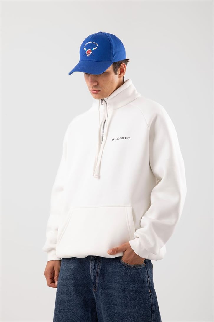 Yarım Zip Yaka Ekru Oversize Sweatshirt