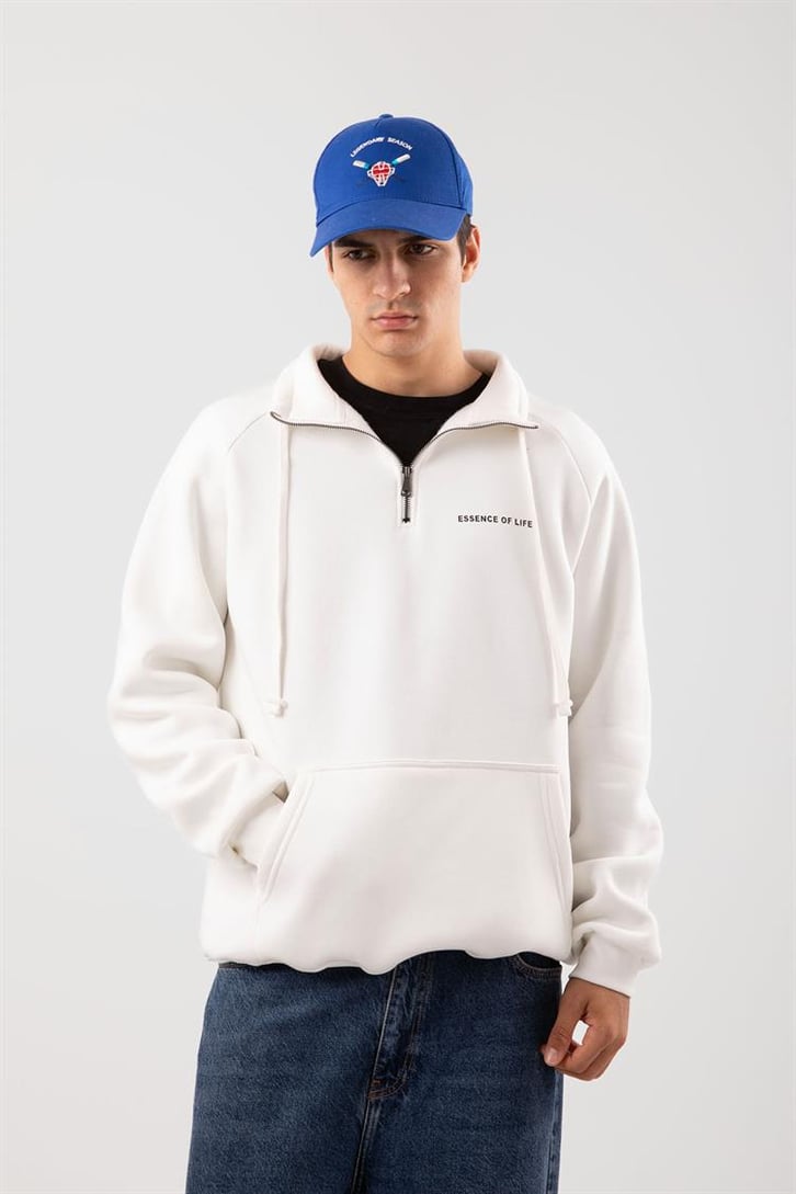 Yarım Zip Yaka Ekru Oversize Sweatshirt