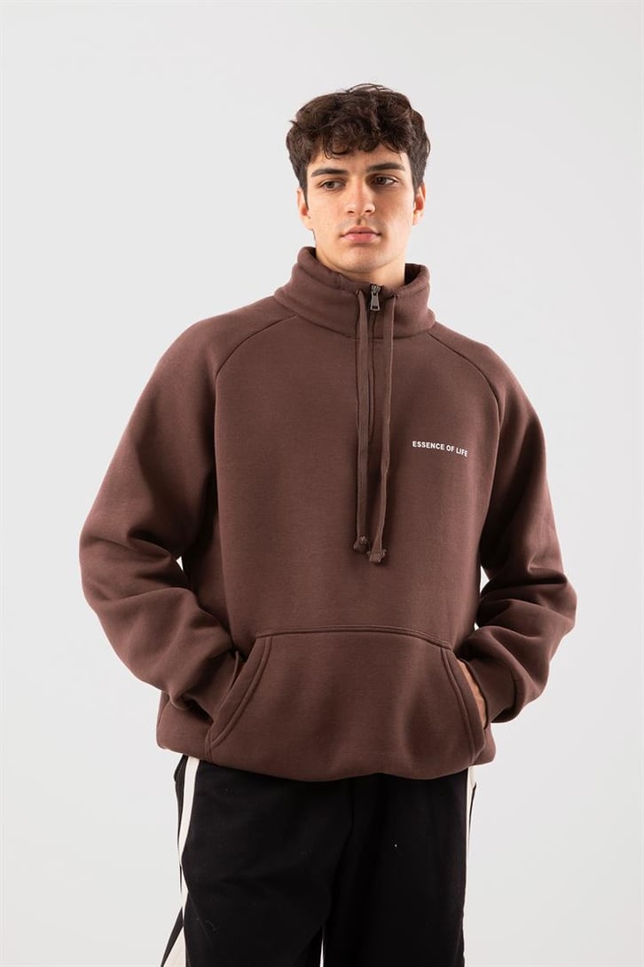 Yarım Zip Yaka Ekru Oversize Sweatshirt