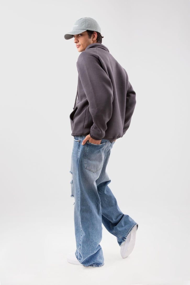 Yarım Zip Yaka Gri Oversize Sweatshirt