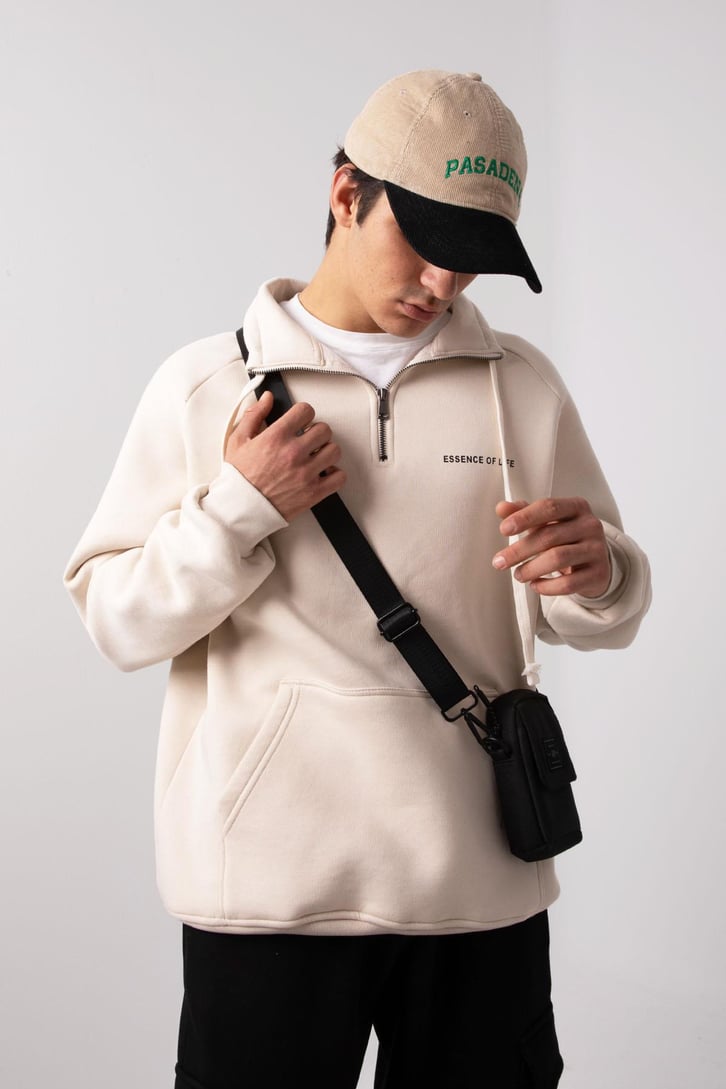 Yarım Zip Yaka Gri Oversize Sweatshirt