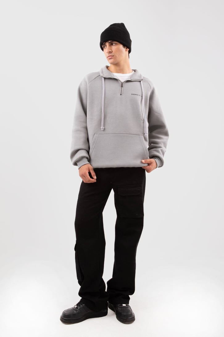 Yarım Zip Yaka Gri Oversize Sweatshirt