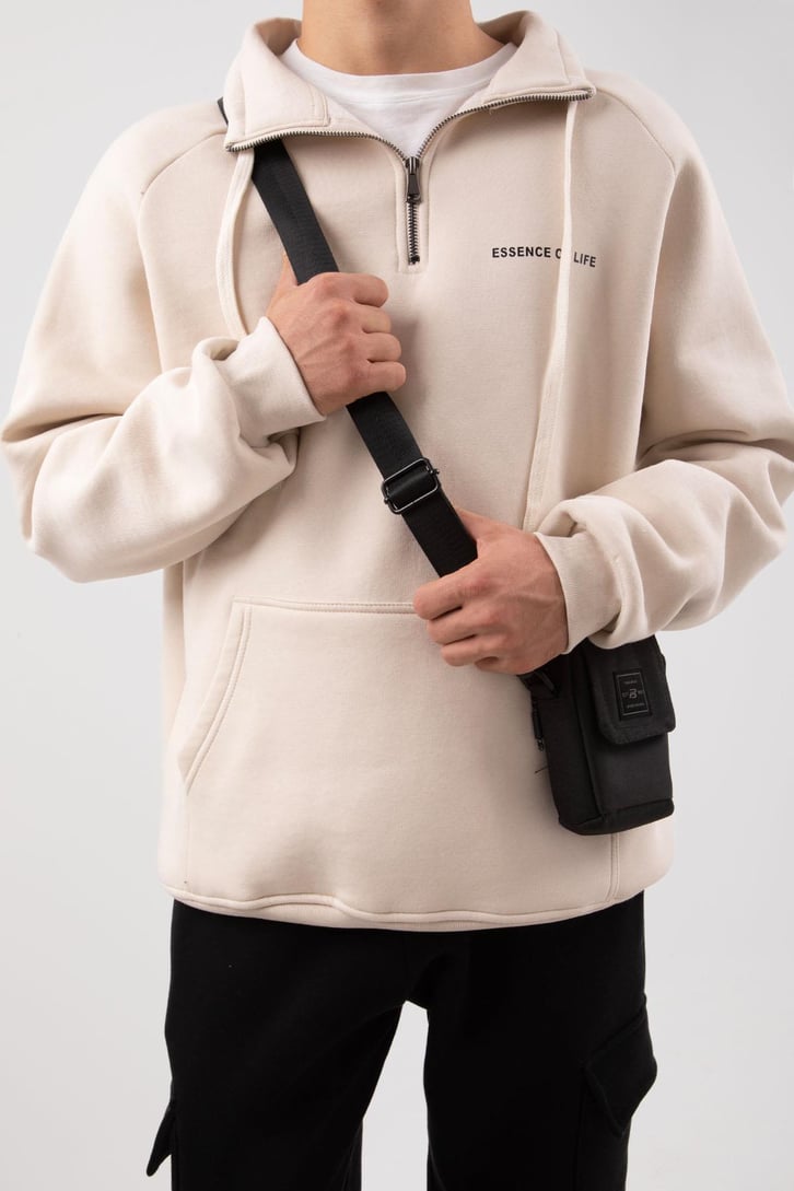 Yarım Zip Yaka Gri Oversize Sweatshirt