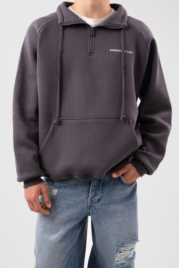 Yarım Zip Yaka Gri Oversize Sweatshirt