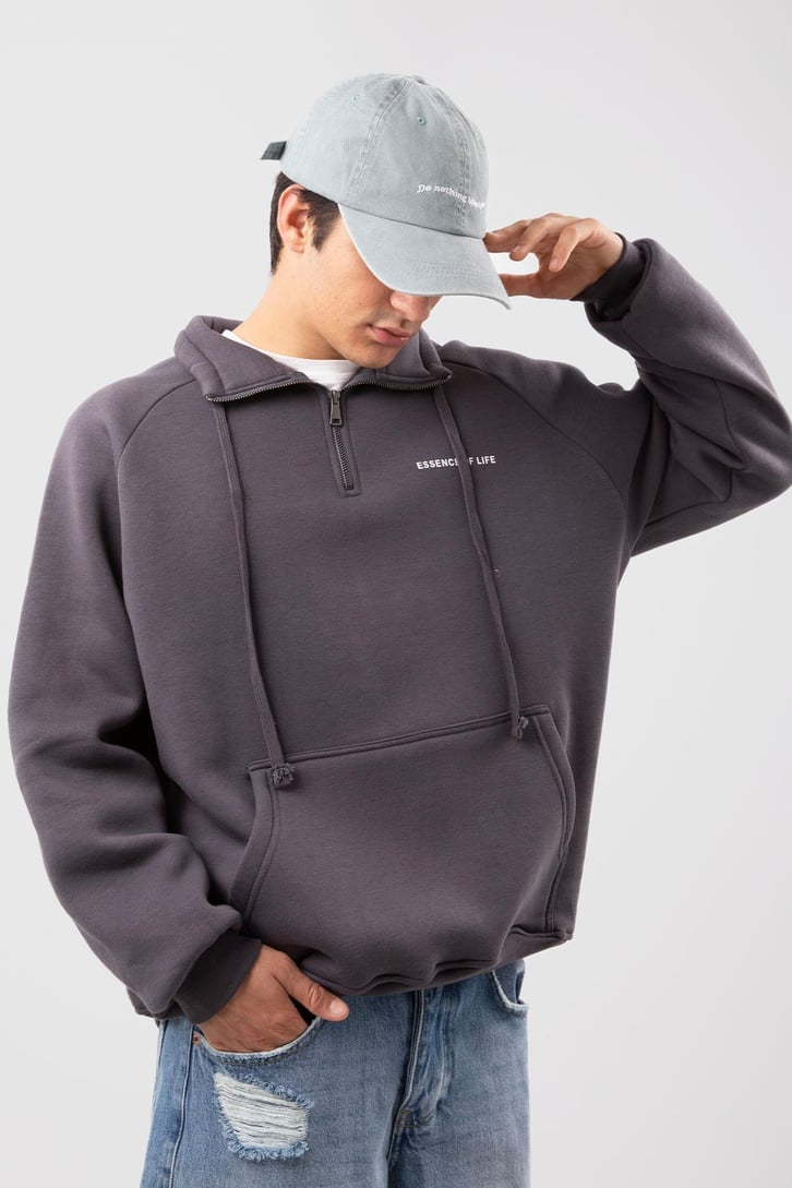 Yarım Zip Yaka Gri Oversize Sweatshirt