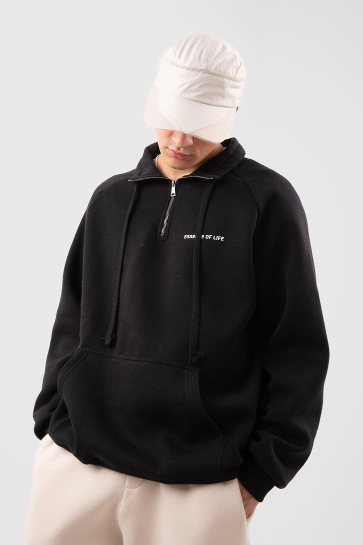 Yarım Zip Yaka Gri Oversize Sweatshirt