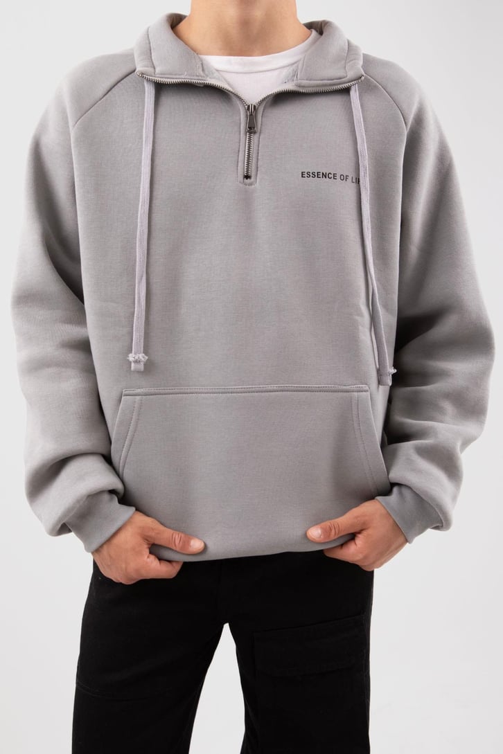 Yarım Zip Yaka Gri Oversize Sweatshirt