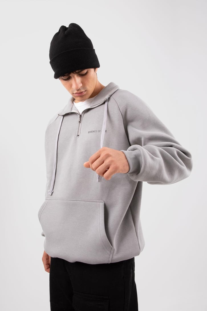 Yarım Zip Yaka Gri Oversize Sweatshirt