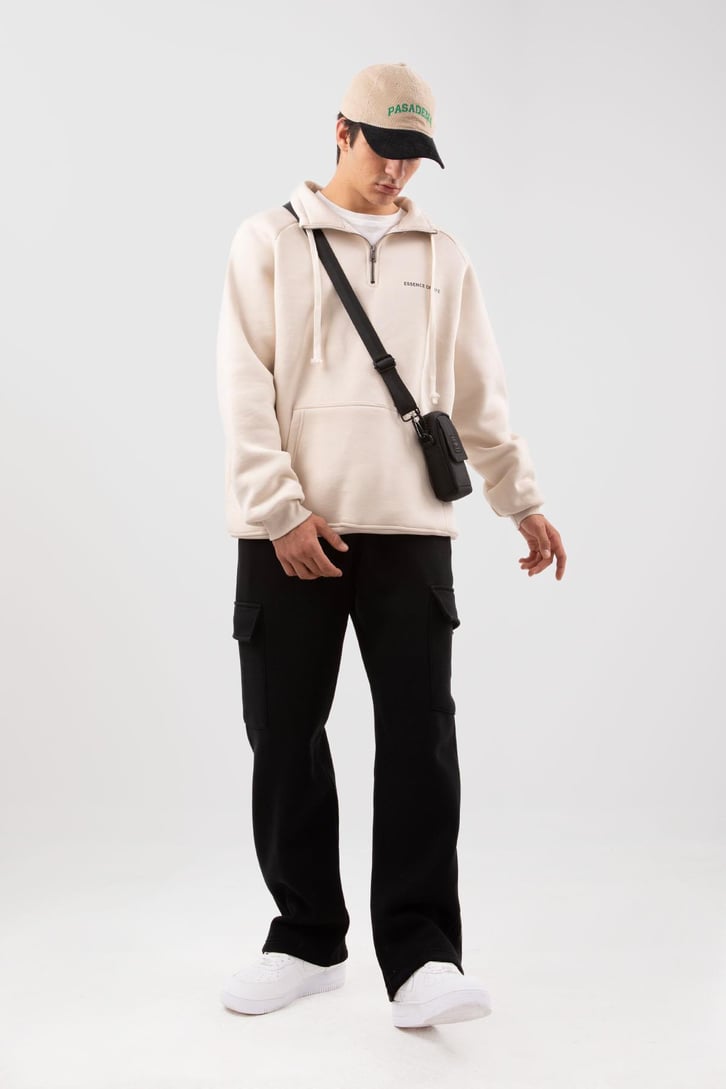 Yarım Zip Yaka Gri Oversize Sweatshirt