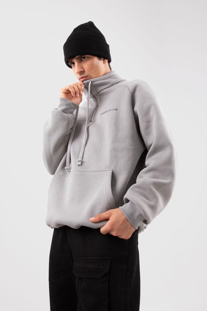 Yarım Zip Yaka Gri Oversize Sweatshirt