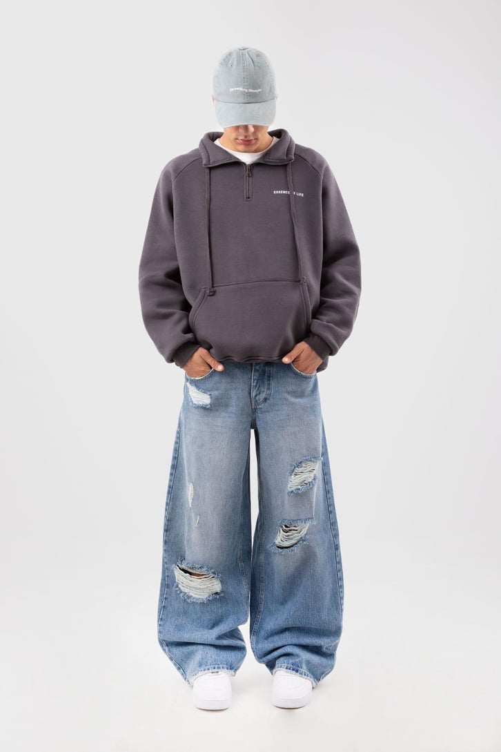Yarım Zip Yaka Gri Oversize Sweatshirt