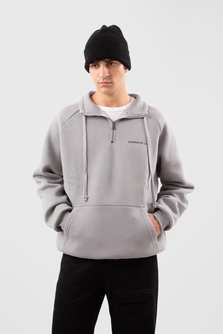 Yarım Zip Yaka Gri Oversize Sweatshirt