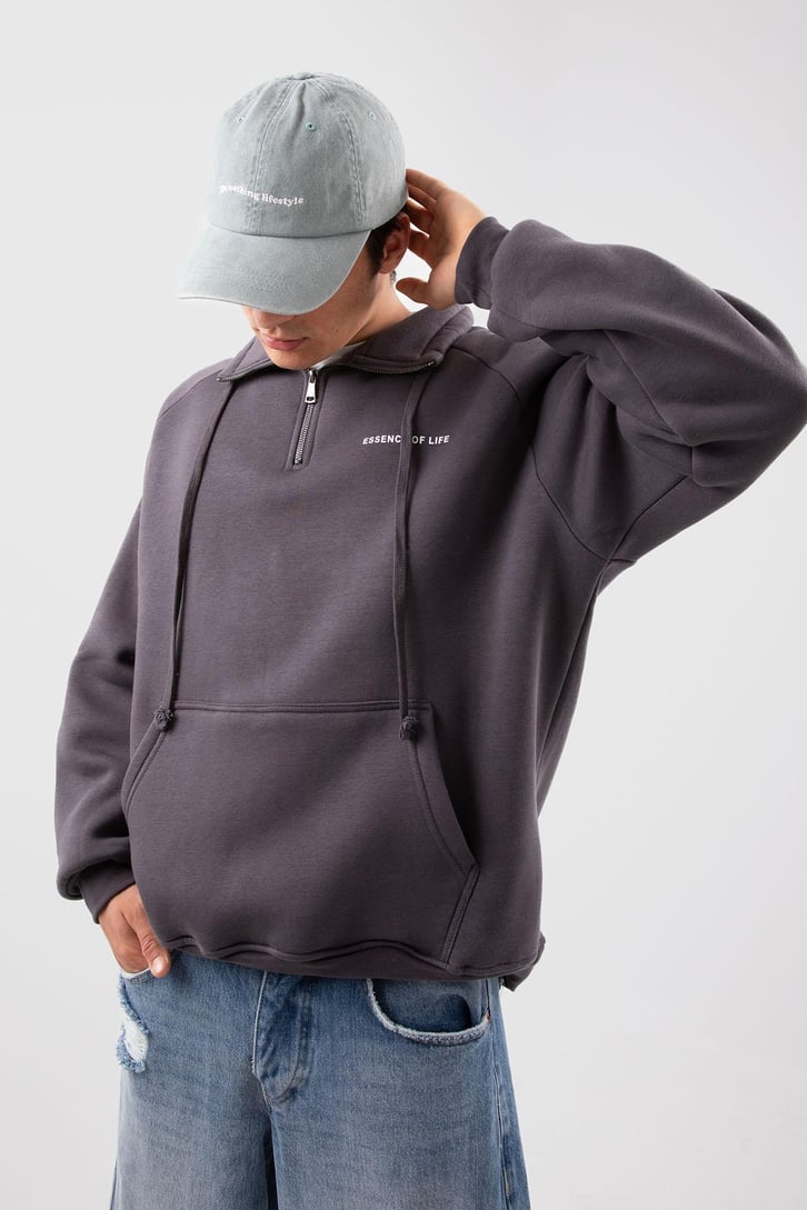 Yarım Zip Yaka Gri Oversize Sweatshirt