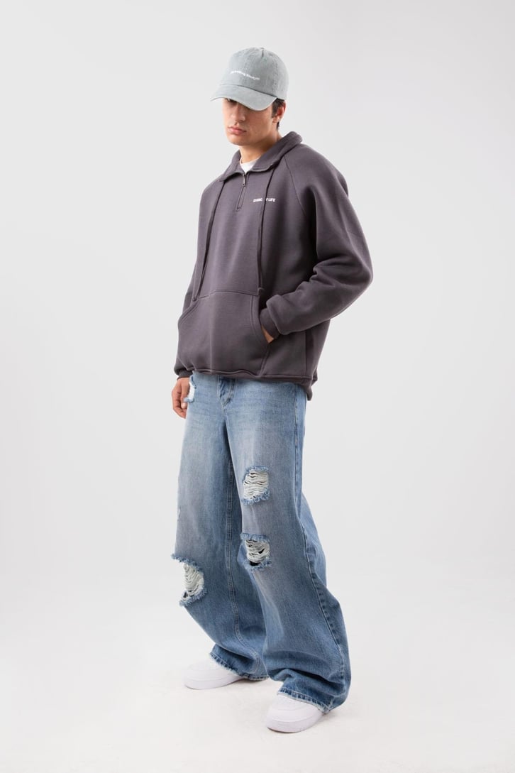 Yarım Zip Yaka Gri Oversize Sweatshirt