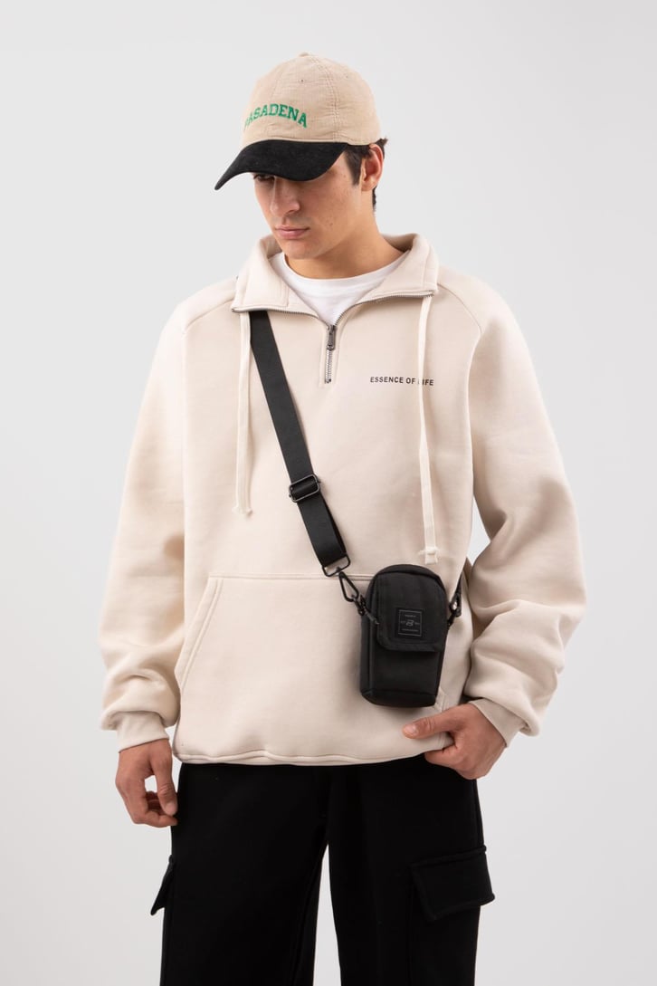 Yarım Zip Yaka Gri Oversize Sweatshirt