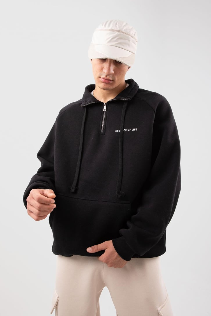 Yarım Zip Yaka Gri Oversize Sweatshirt
