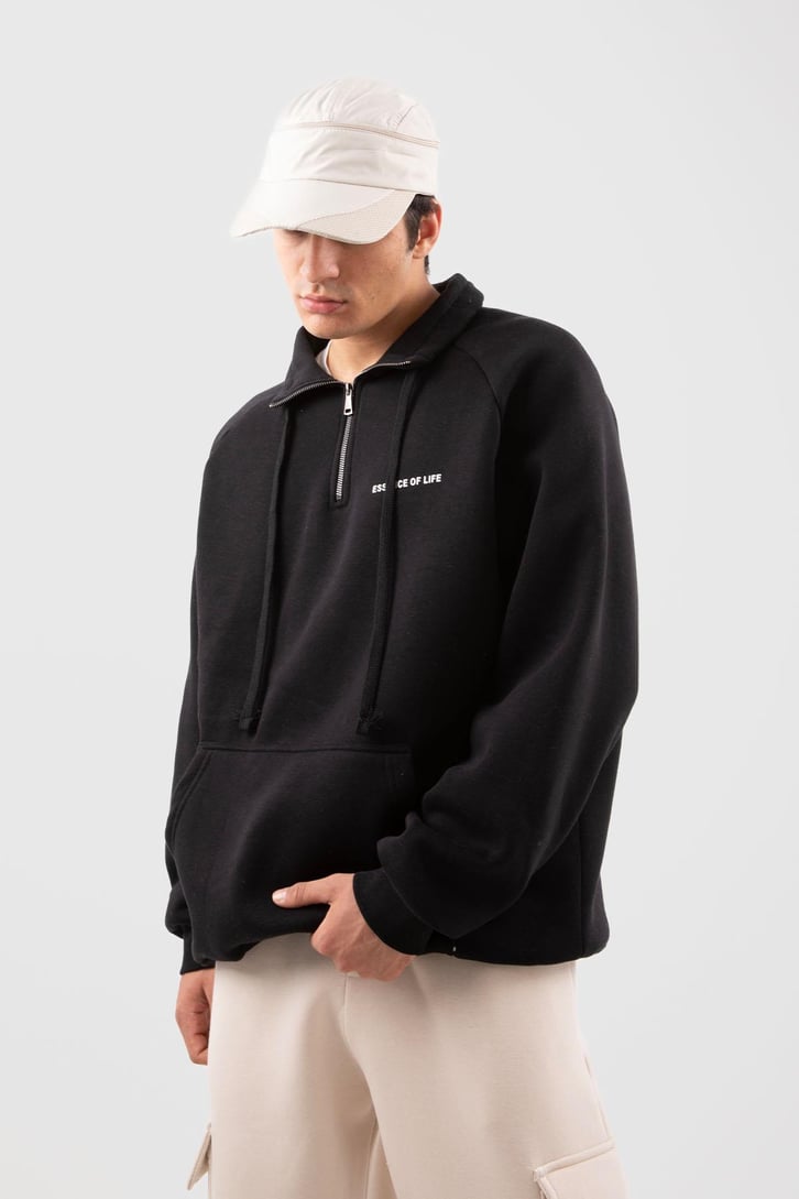 Yarım Zip Yaka Gri Oversize Sweatshirt