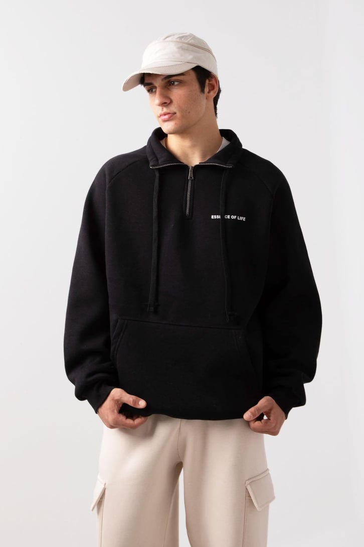 Yarım Zip Yaka Gri Oversize Sweatshirt