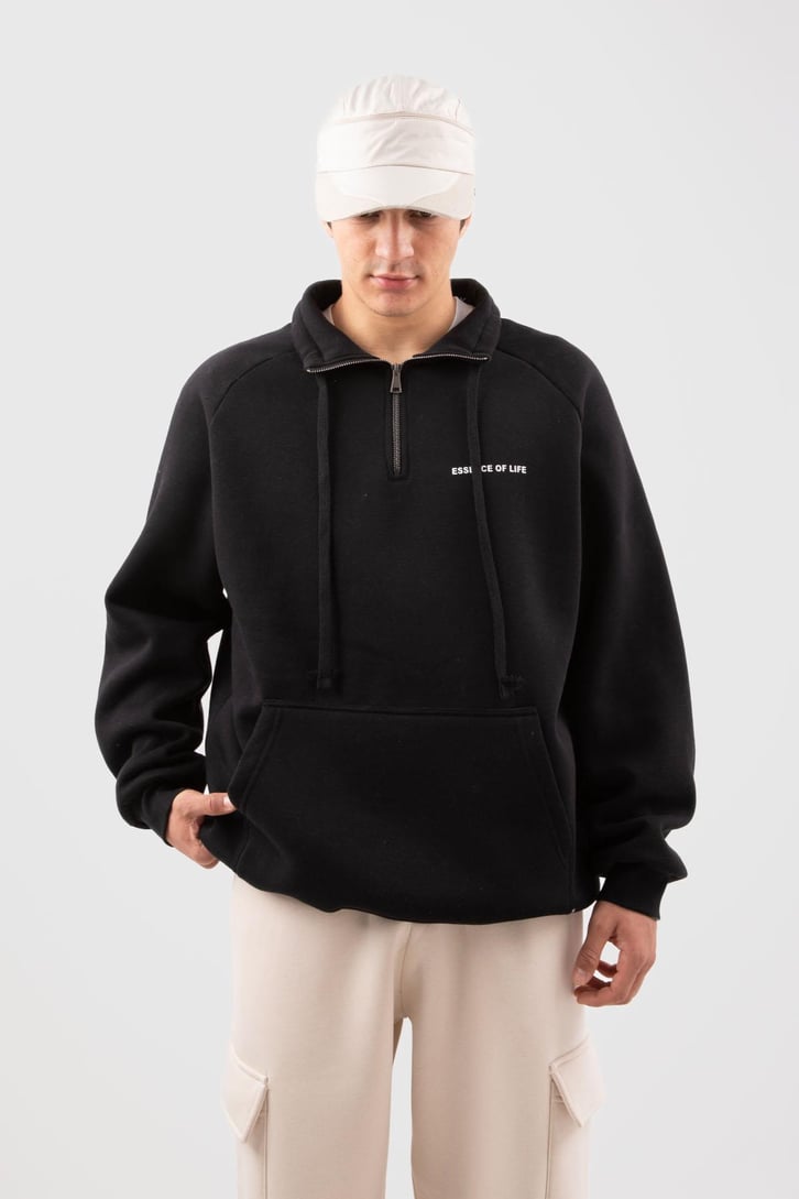Yarım Zip Yaka Gri Oversize Sweatshirt