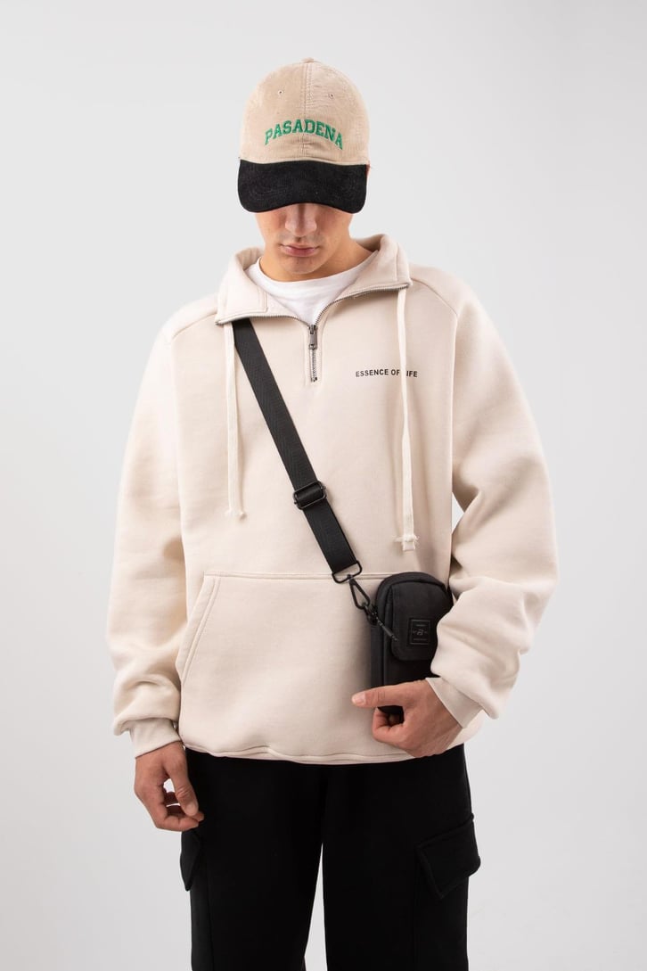 Yarım Zip Yaka Gri Oversize Sweatshirt