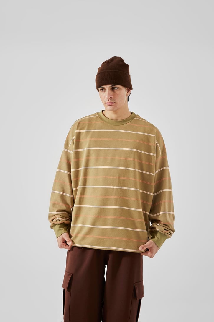 Yatay Çizgili Haki Oversize Sweatshirt
