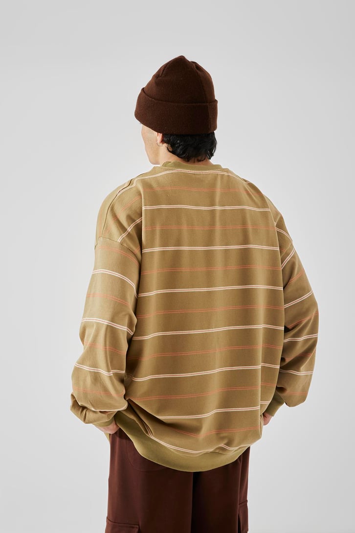Yatay Çizgili Haki Oversize Sweatshirt