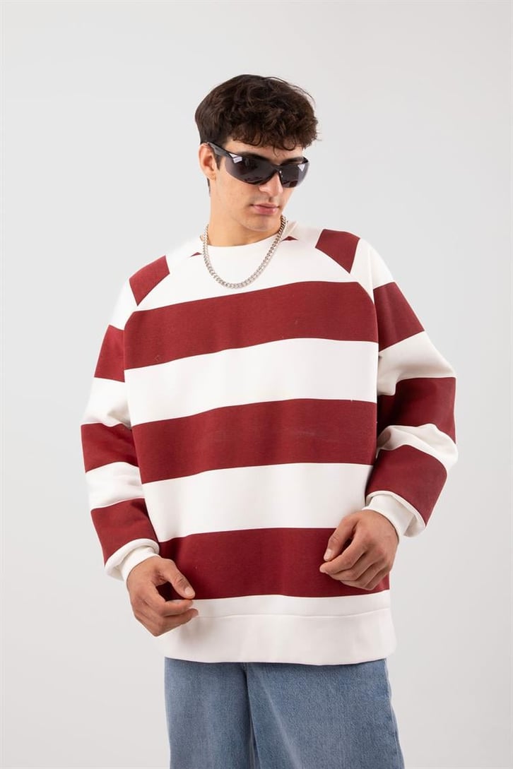 Yatay Çizgili Kırmızı Oversize Sweatshirt