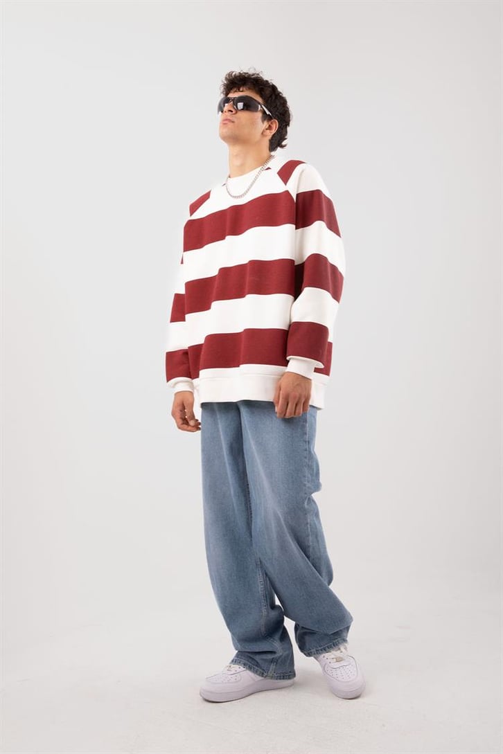 Yatay Çizgili Kırmızı Oversize Sweatshirt