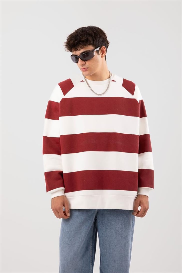 Yatay Çizgili Kırmızı Oversize Sweatshirt