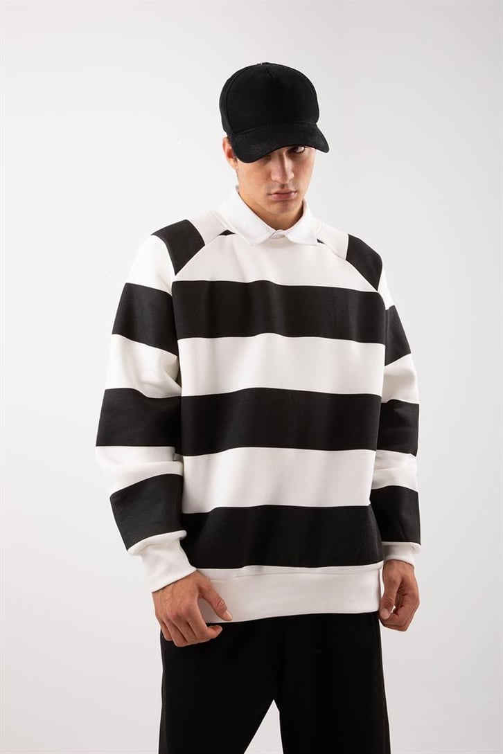 Yatay Çizgili Siyah Oversize Sweatshirt