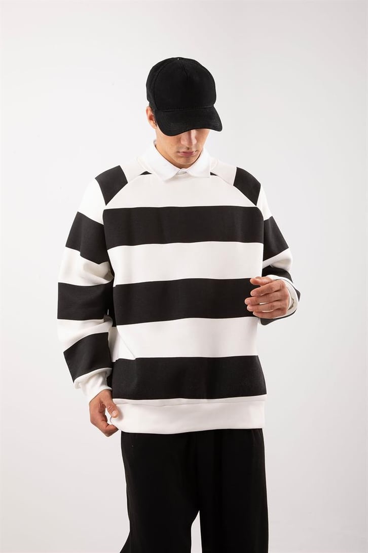 Yatay Çizgili Siyah Oversize Sweatshirt