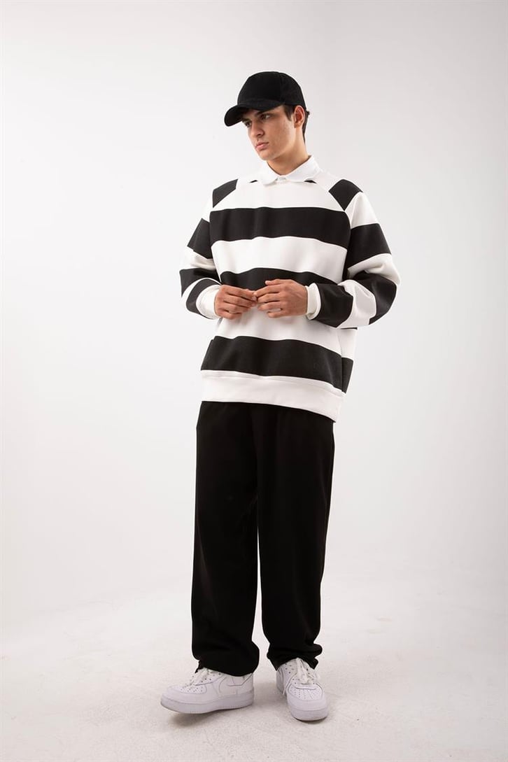 Yatay Çizgili Siyah Oversize Sweatshirt