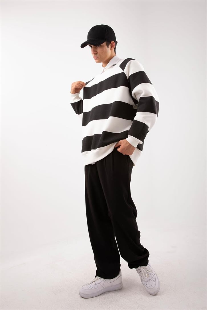 Yatay Çizgili Siyah Oversize Sweatshirt