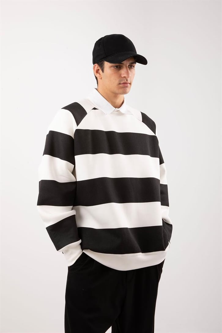 Yatay Çizgili Siyah Oversize Sweatshirt