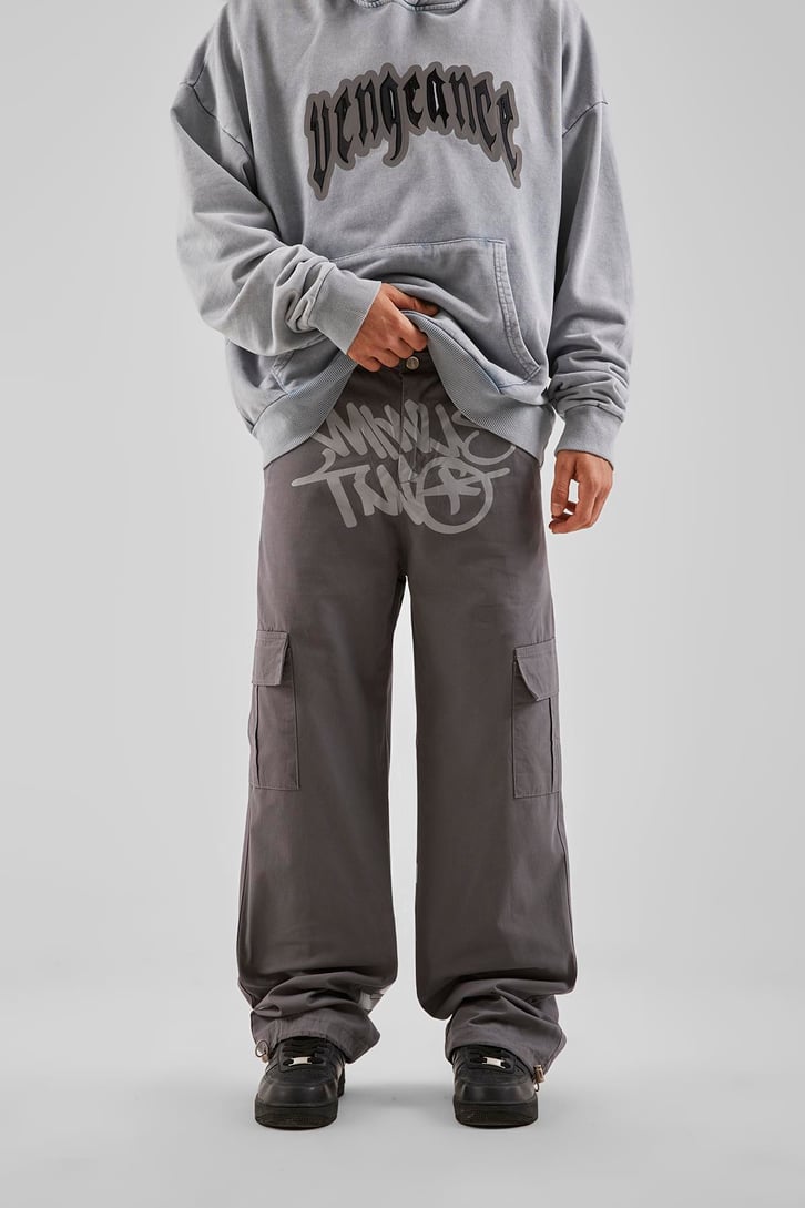Yazı Baskılı Gri Baggy Pantolon