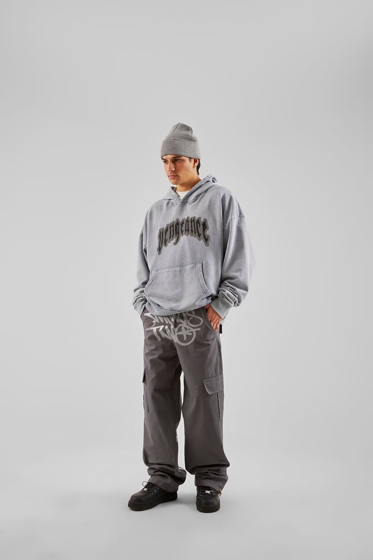 Yazı Baskılı Gri Baggy Pantolon
