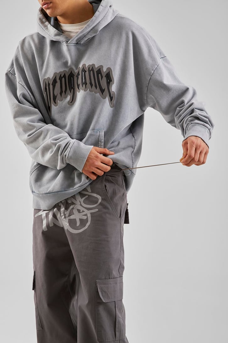 Yazı Baskılı Gri Baggy Pantolon