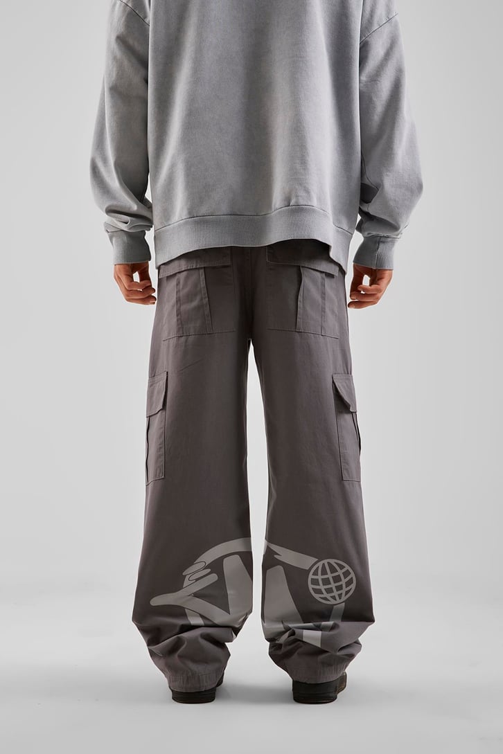 Yazı Baskılı Gri Baggy Pantolon