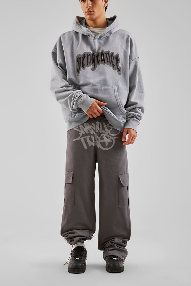 Yazı Baskılı Gri Baggy Pantolon