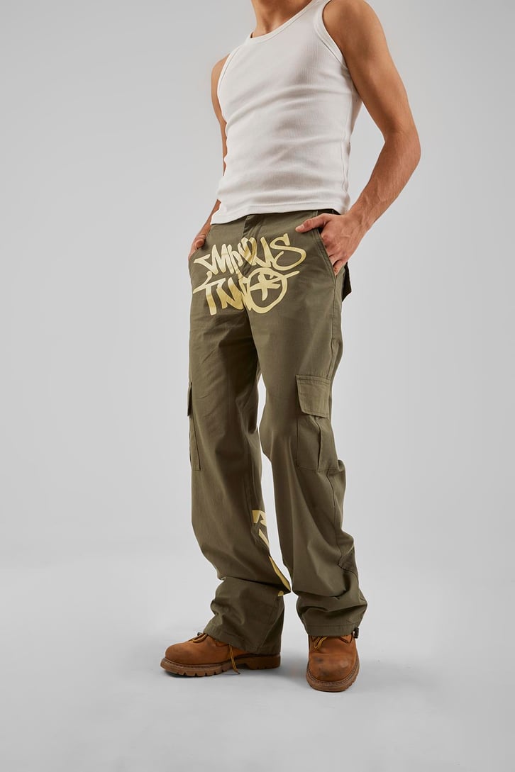 Yazı Baskılı Haki Baggy Pantolon