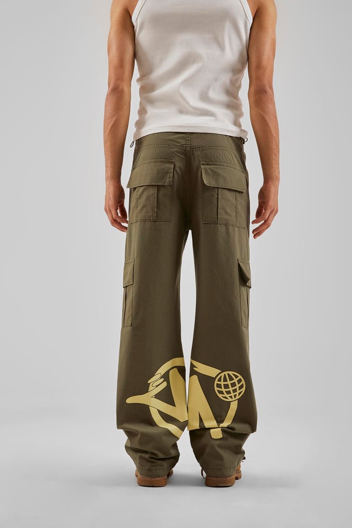 Yazı Baskılı Haki Baggy Pantolon