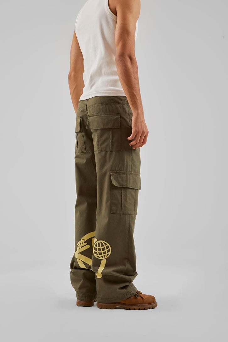 Yazı Baskılı Haki Baggy Pantolon