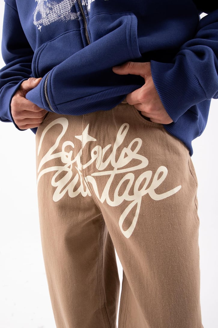Yazı Baskılı Kahverengi Baggy Pantolon